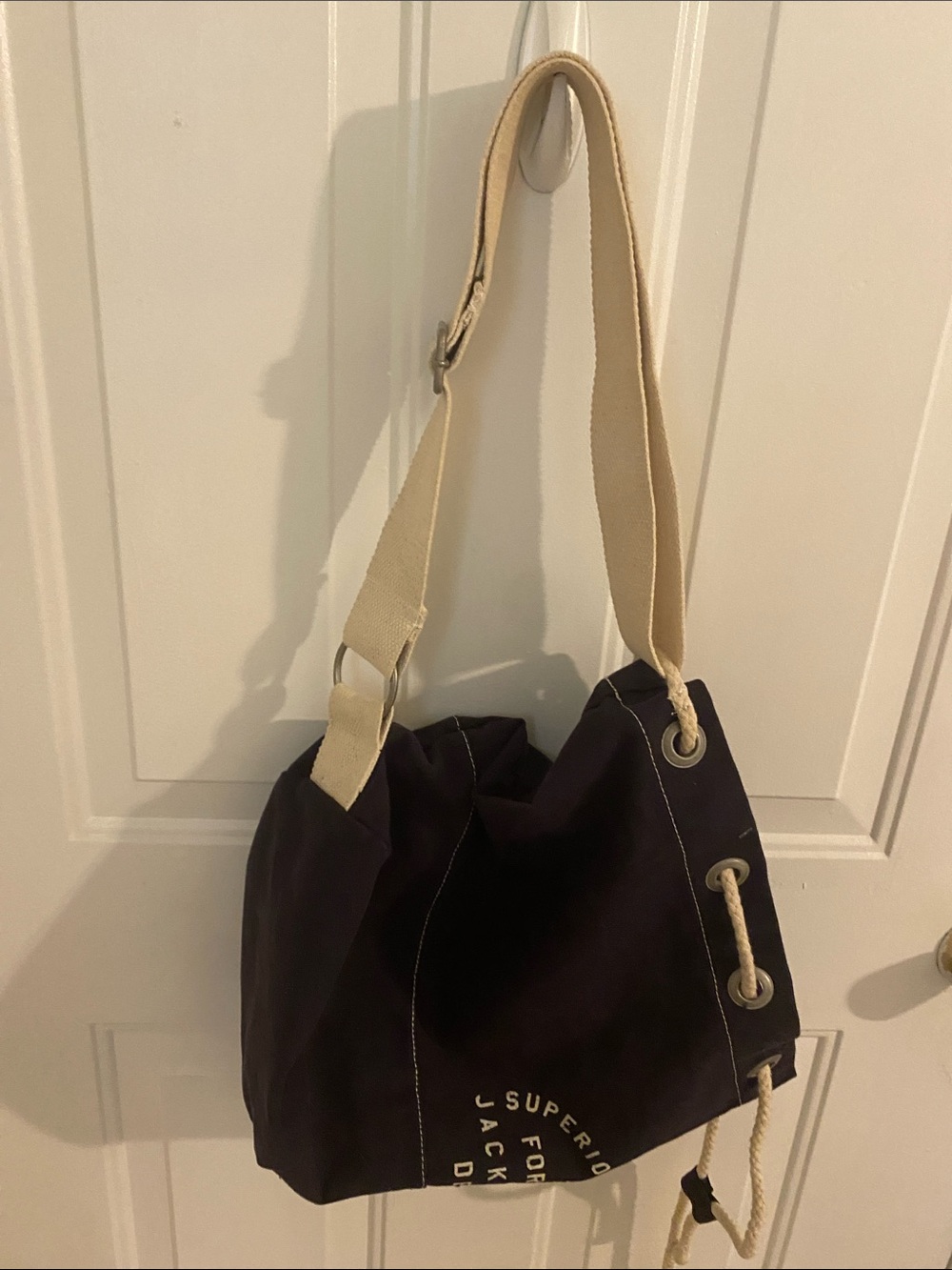 Canvas Shoulder Bag in Dark Navy with Cream Strap